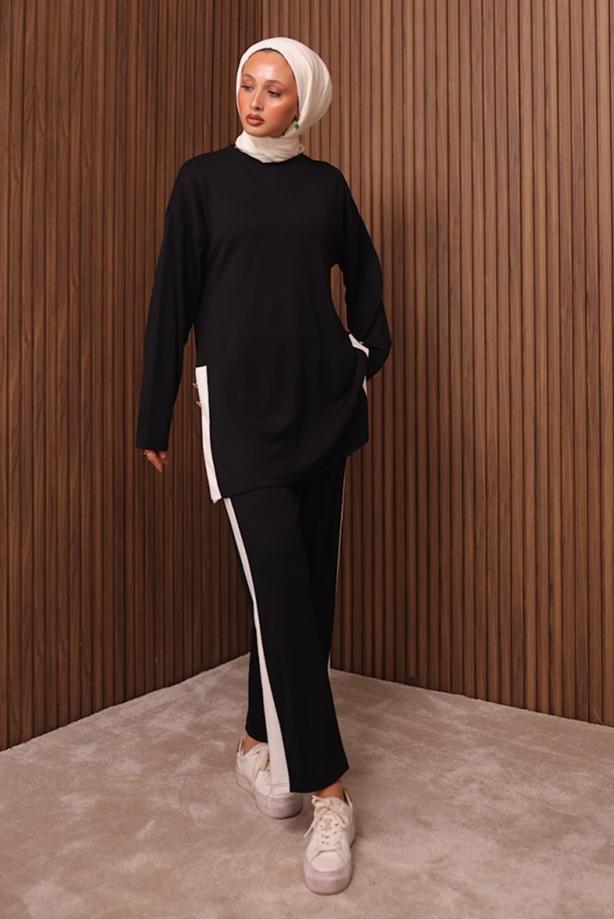 Hijab clothing BLACK STRIPE DETAILED PANTS SUIT T 2135 - TRENDTESETTÜR