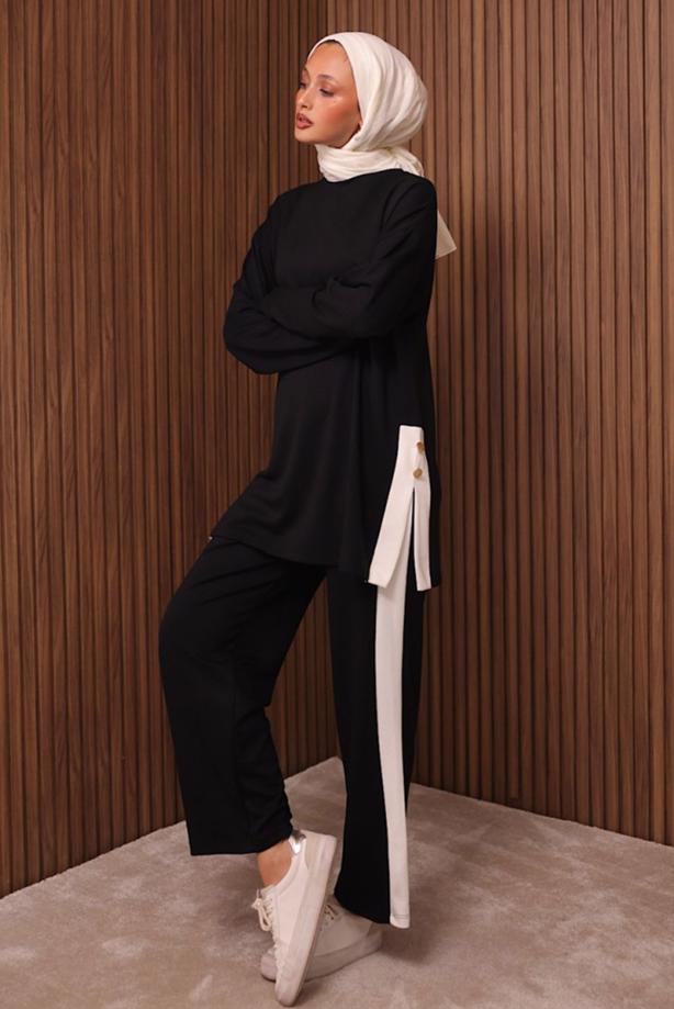 Hijab clothing BLACK STRIPE DETAILED PANTS SUIT T 2135 - TRENDTESETTÜR