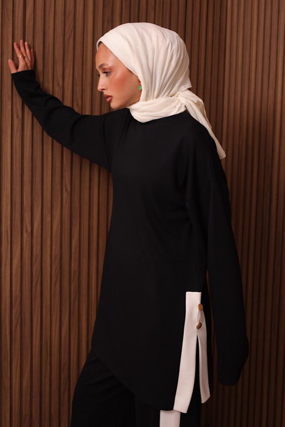 Tesettür giyim SİYAH ŞERİT DETAYLI PANTOLONLU TAKIM T 2135