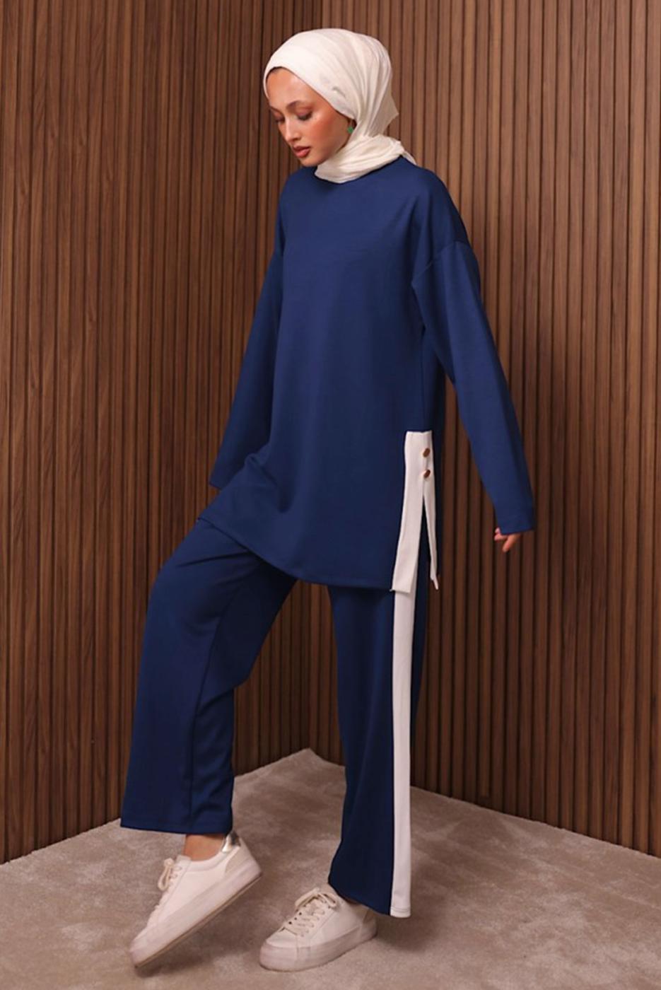 Tesettür giyim LACİVERT ŞERİT DETAYLI PANTOLONLU TAKIM T 2135