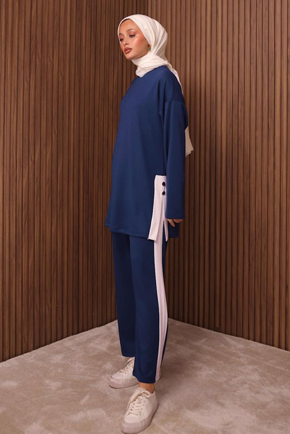 Tesettür giyim LACİVERT ŞERİT DETAYLI PANTOLONLU TAKIM T 2135