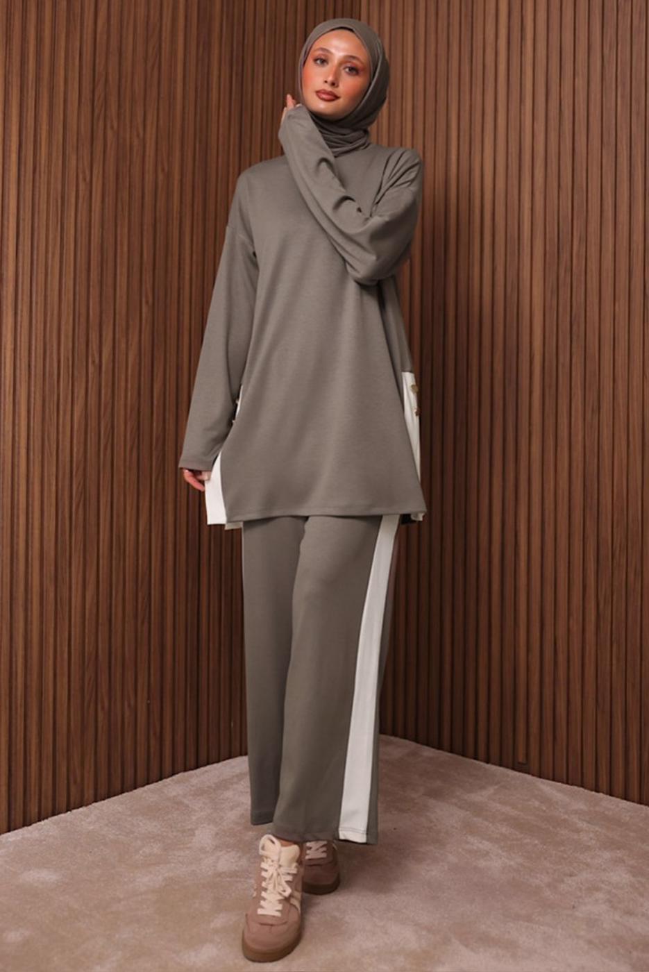 Tesettür giyim VİZON ŞERİT DETAYLI PANTOLONLU TAKIM T 2135