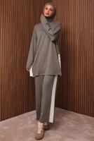 Tesettür giyim VİZON ŞERİT DETAYLI PANTOLONLU TAKIM T 2135