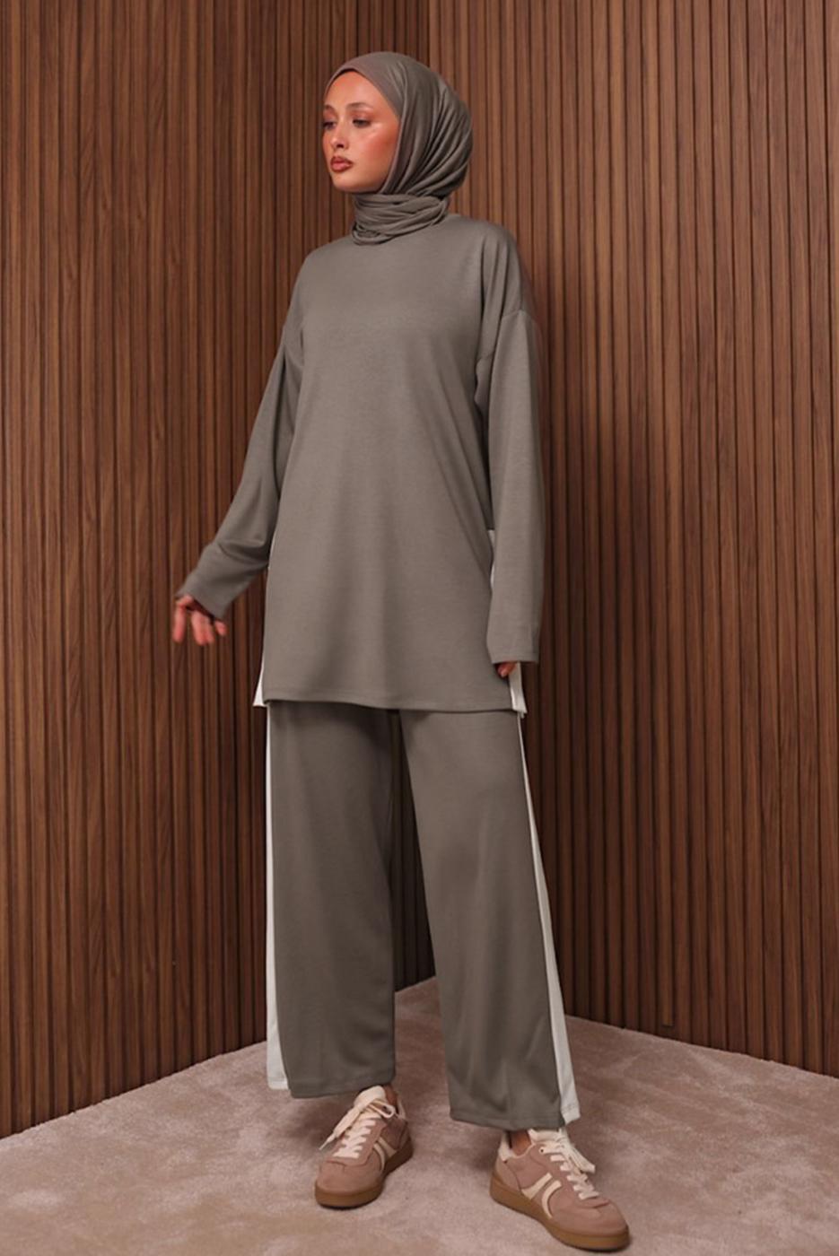 Tesettür giyim VİZON ŞERİT DETAYLI PANTOLONLU TAKIM T 2135