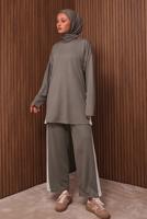 Tesettür giyim VİZON ŞERİT DETAYLI PANTOLONLU TAKIM T 2135
