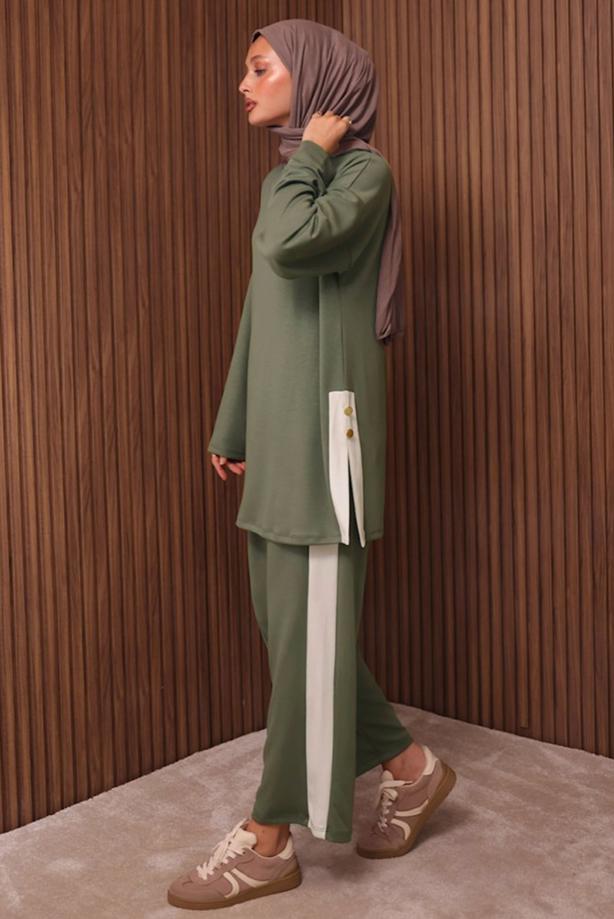 Hijab clothing GREEN STRIPE DETAILED PANTS SUIT T 2135 - TRENDTESETTÜR