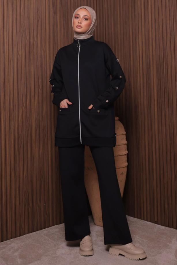 Tesettür giyim SİYAH PANTOLONLU SCUBA ÖRME TAKIM T 2335 - TRENDTESETTÜR