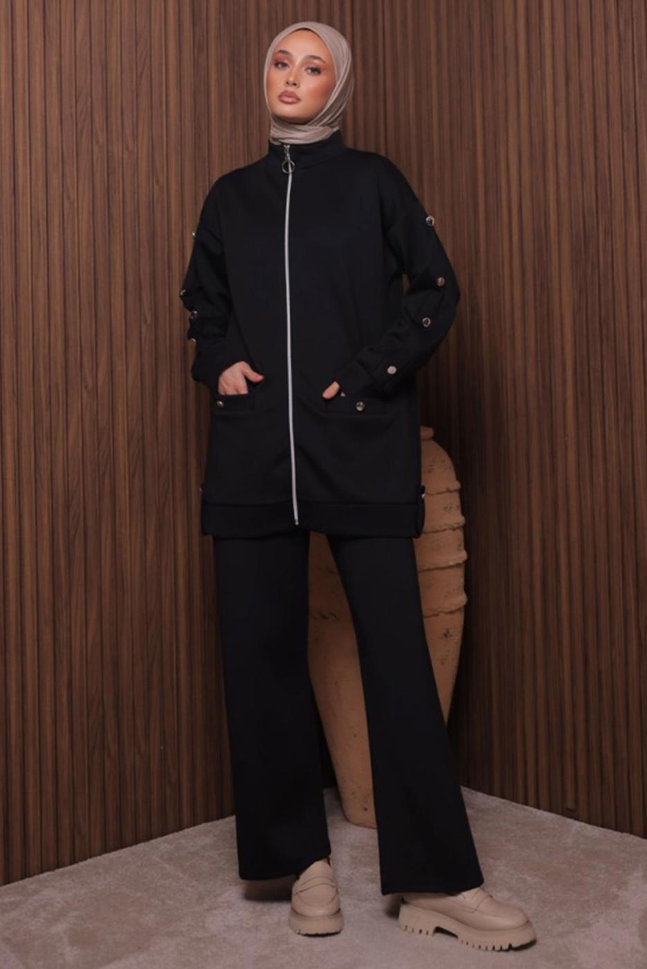 Tesettür giyim SİYAH PANTOLONLU SCUBA ÖRME TAKIM T 2335