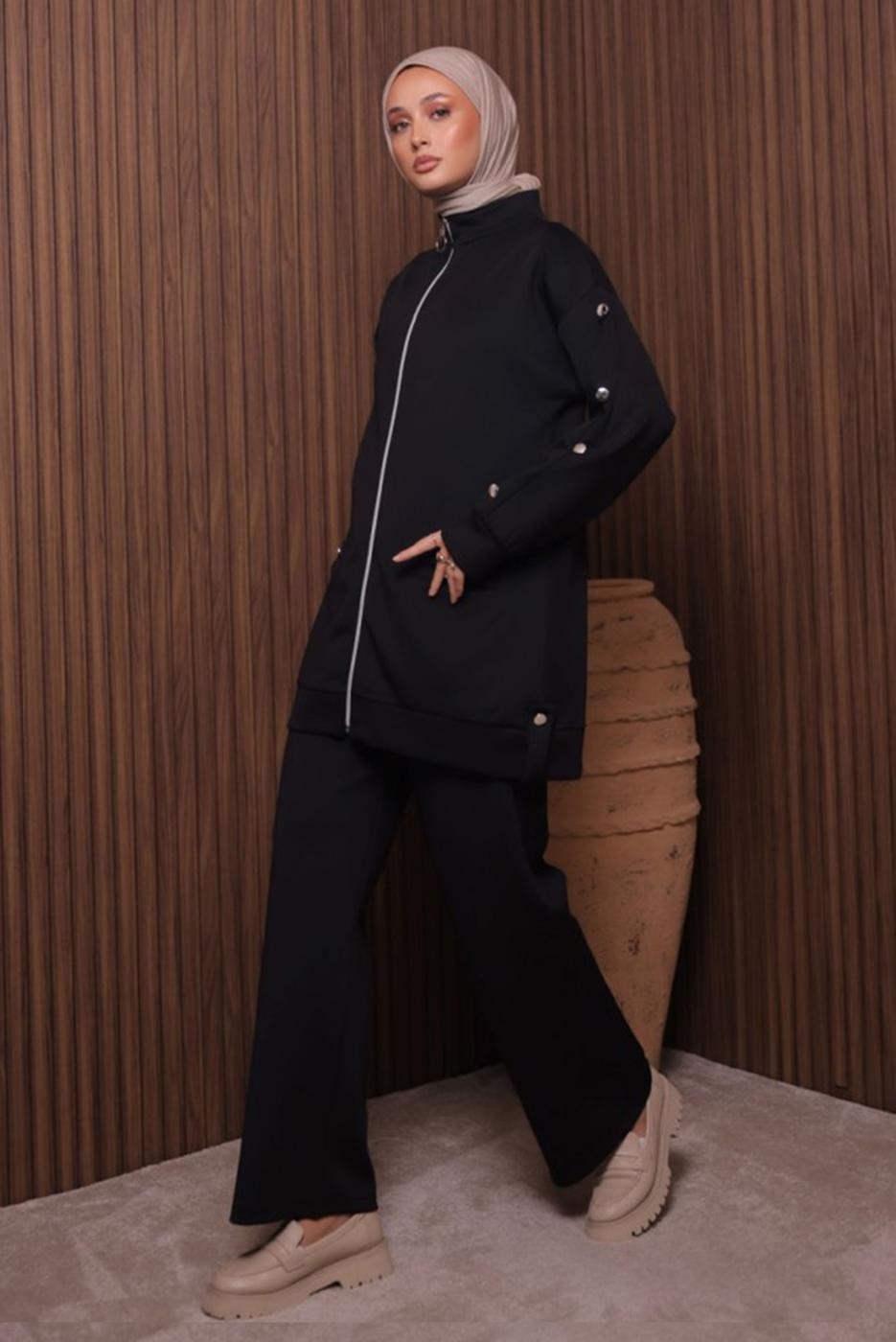 Tesettür giyim SİYAH PANTOLONLU SCUBA ÖRME TAKIM T 2335