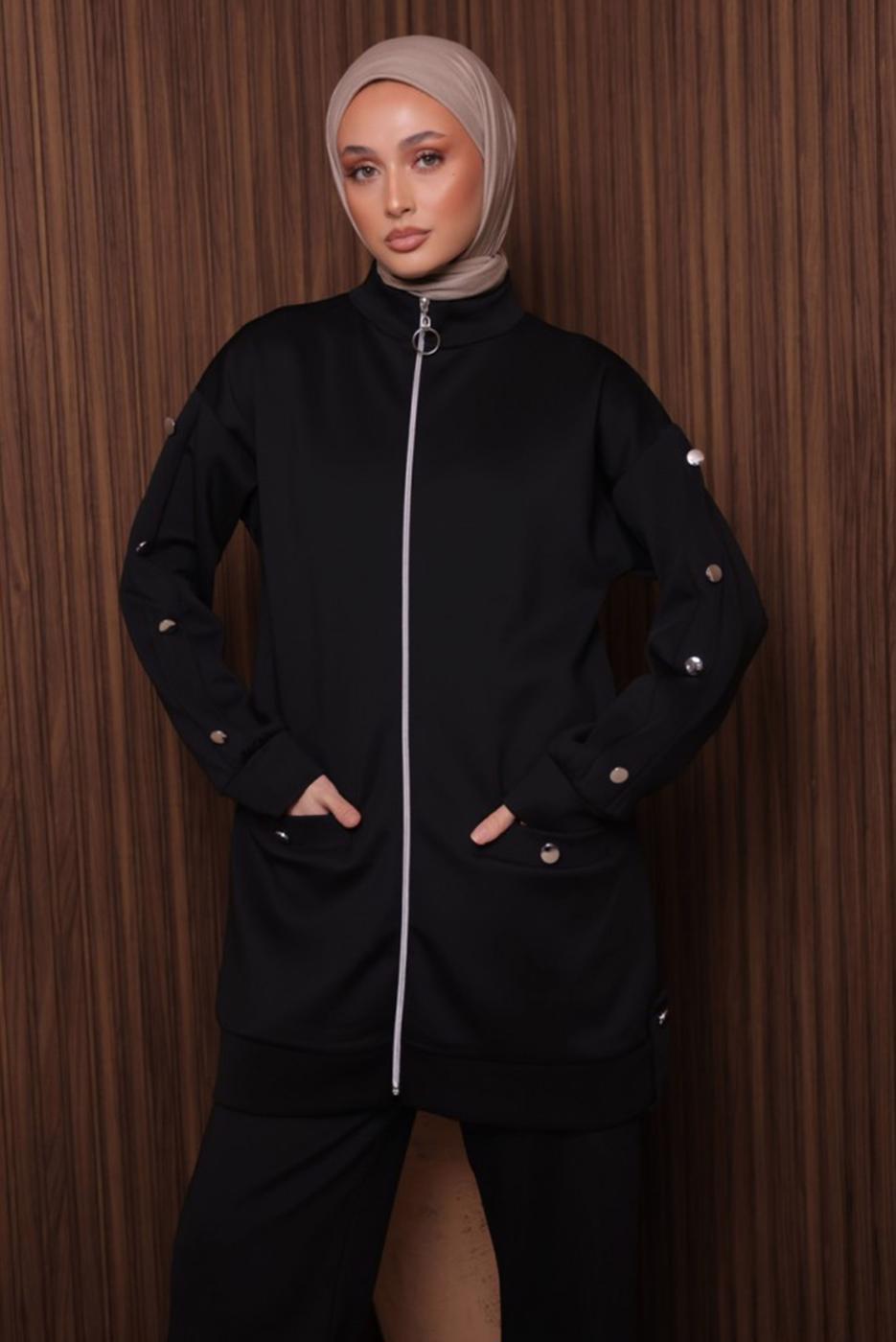 Tesettür giyim SİYAH PANTOLONLU SCUBA ÖRME TAKIM T 2335