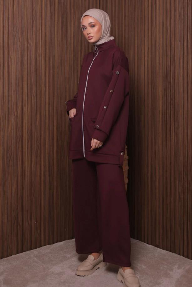 Tesettür giyim BORDO PANTOLONLU SCUBA ÖRME TAKIM T 2335 - TRENDTESETTÜR