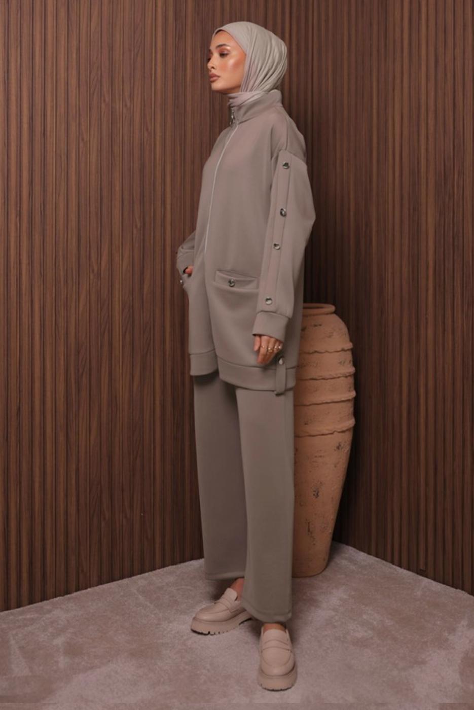 Tesettür giyim KAHVE PANTOLONLU SCUBA ÖRME TAKIM T 2335