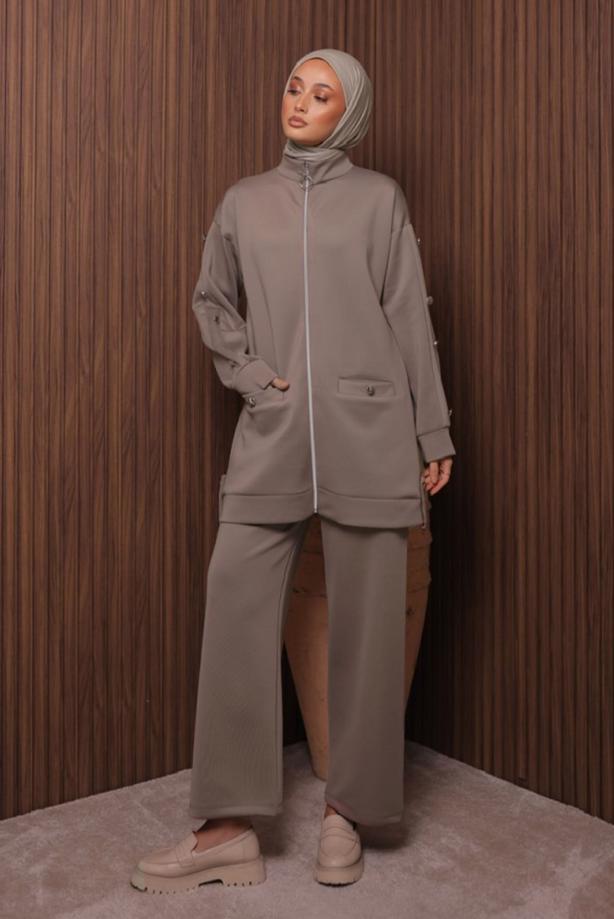 Tesettür giyim KAHVE PANTOLONLU SCUBA ÖRME TAKIM T 2335 - TRENDTESETTÜR