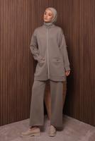 Tesettür giyim KAHVE PANTOLONLU SCUBA ÖRME TAKIM T 2335