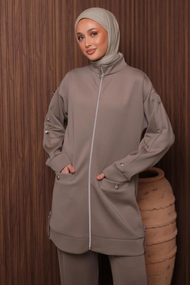 Tesettür giyim KAHVE PANTOLONLU SCUBA ÖRME TAKIM T 2335 - TRENDTESETTÜR