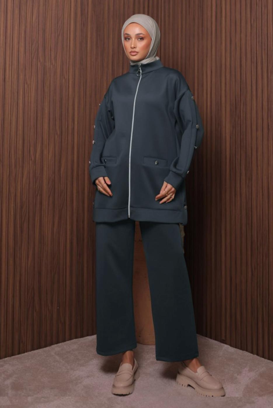Tesettür giyim GRİ PANTOLONLU SCUBA ÖRME TAKIM T 2335