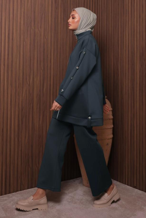 Tesettür giyim GRİ PANTOLONLU SCUBA ÖRME TAKIM T 2335 - TRENDTESETTÜR