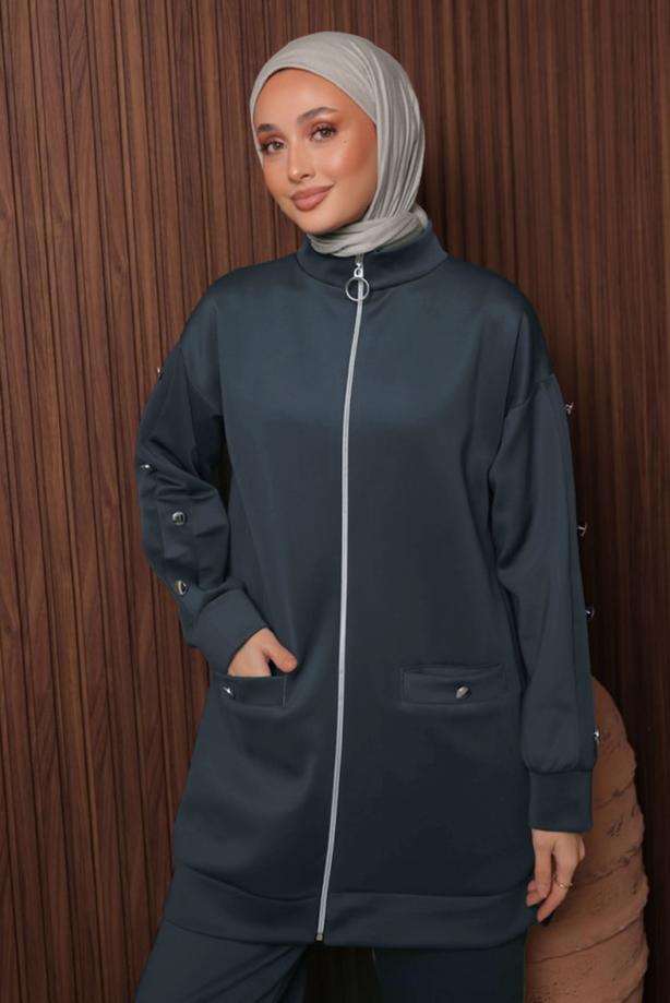 Tesettür giyim GRİ PANTOLONLU SCUBA ÖRME TAKIM T 2335 - TRENDTESETTÜR