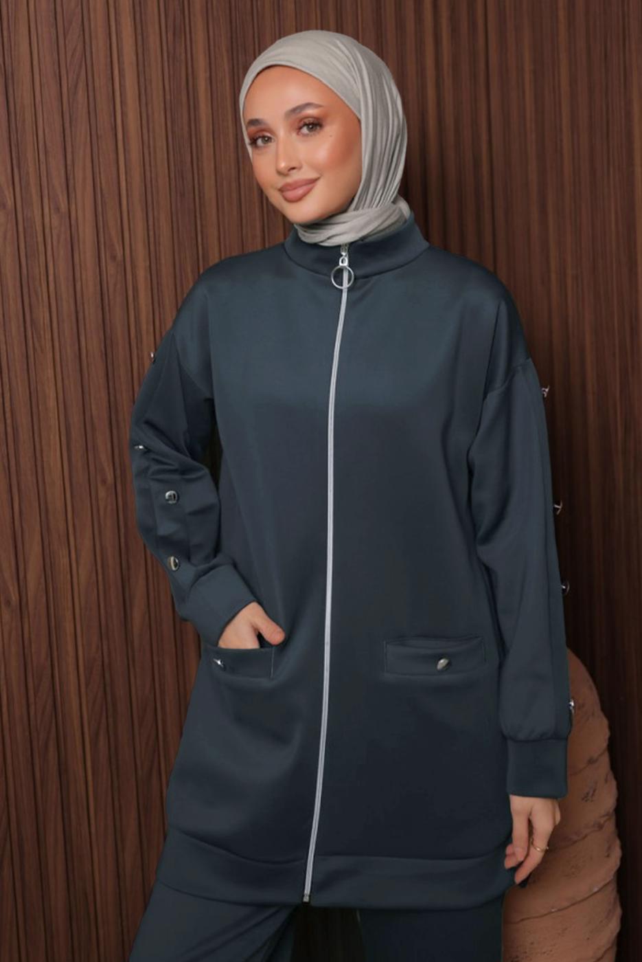 Tesettür giyim GRİ PANTOLONLU SCUBA ÖRME TAKIM T 2335