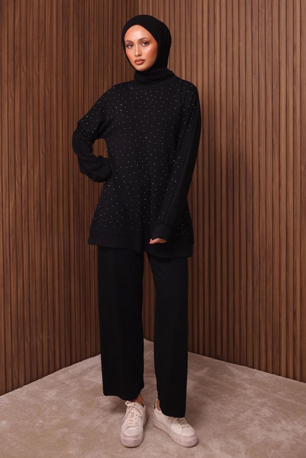 Hijab clothing BLACK PANTSUIT WITH GEM T 2535 - TRENDTESETTÜR