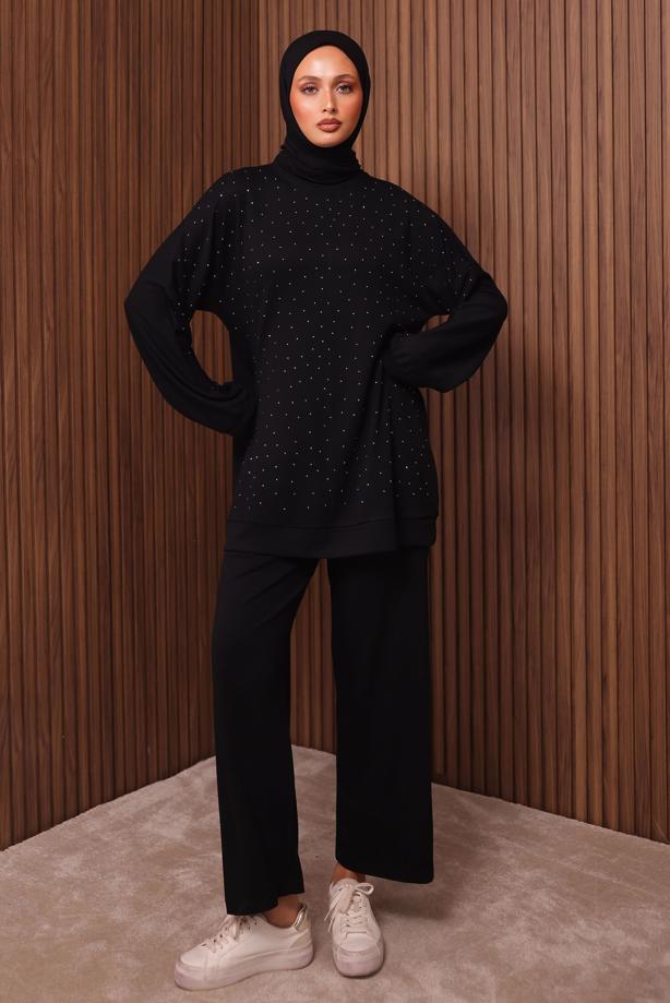 Hijab clothing BLACK PANTSUIT WITH GEM T 2535 - TRENDTESETTÜR