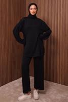 Tesettür giyim SİYAH TAŞ BASKILI PANTOLONLU TAKIM T 2535