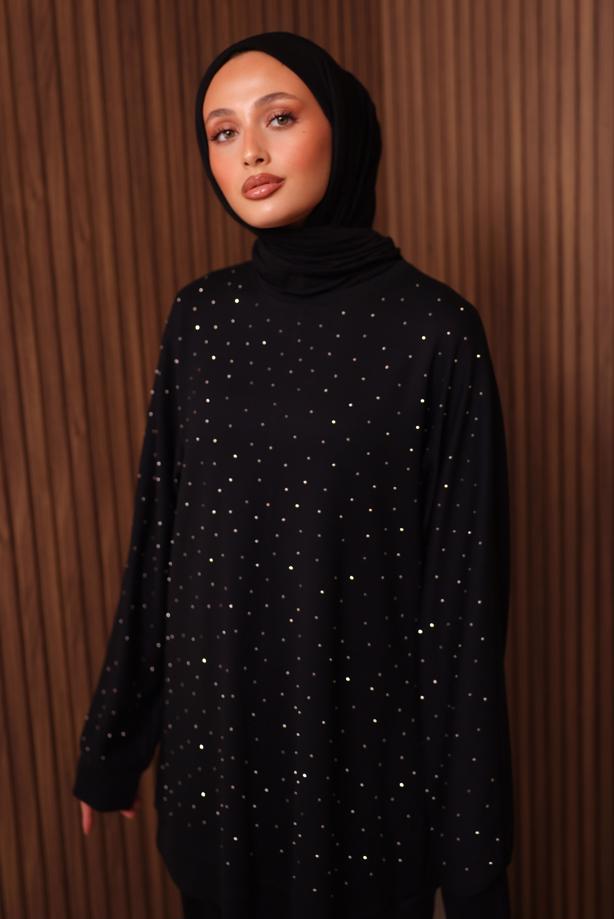 Hijab clothing BLACK PANTSUIT WITH GEM T 2535 - TRENDTESETTÜR