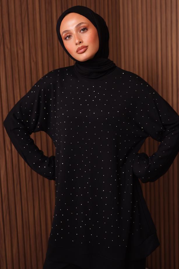 Hijab clothing BLACK PANTSUIT WITH GEM T 2535 - TRENDTESETTÜR
