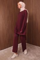 Tesettür giyim BORDO TAŞ BASKILI PANTOLONLU TAKIM T 2535