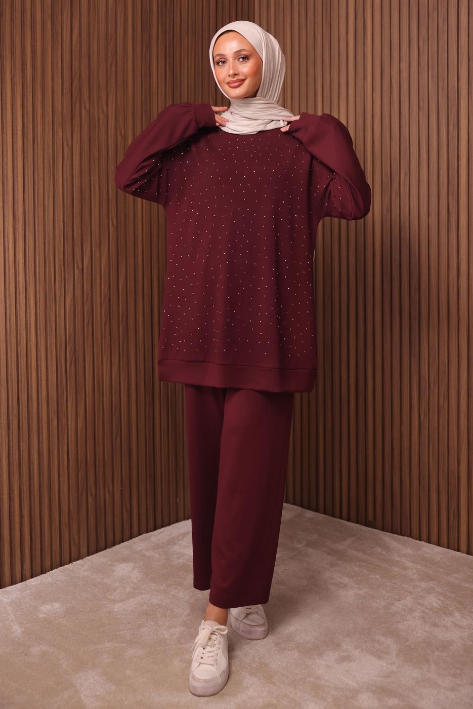 Tesettür giyim BORDO TAŞ BASKILI PANTOLONLU TAKIM T 2535