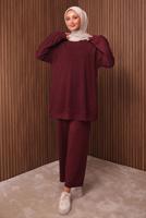 Tesettür giyim BORDO TAŞ BASKILI PANTOLONLU TAKIM T 2535