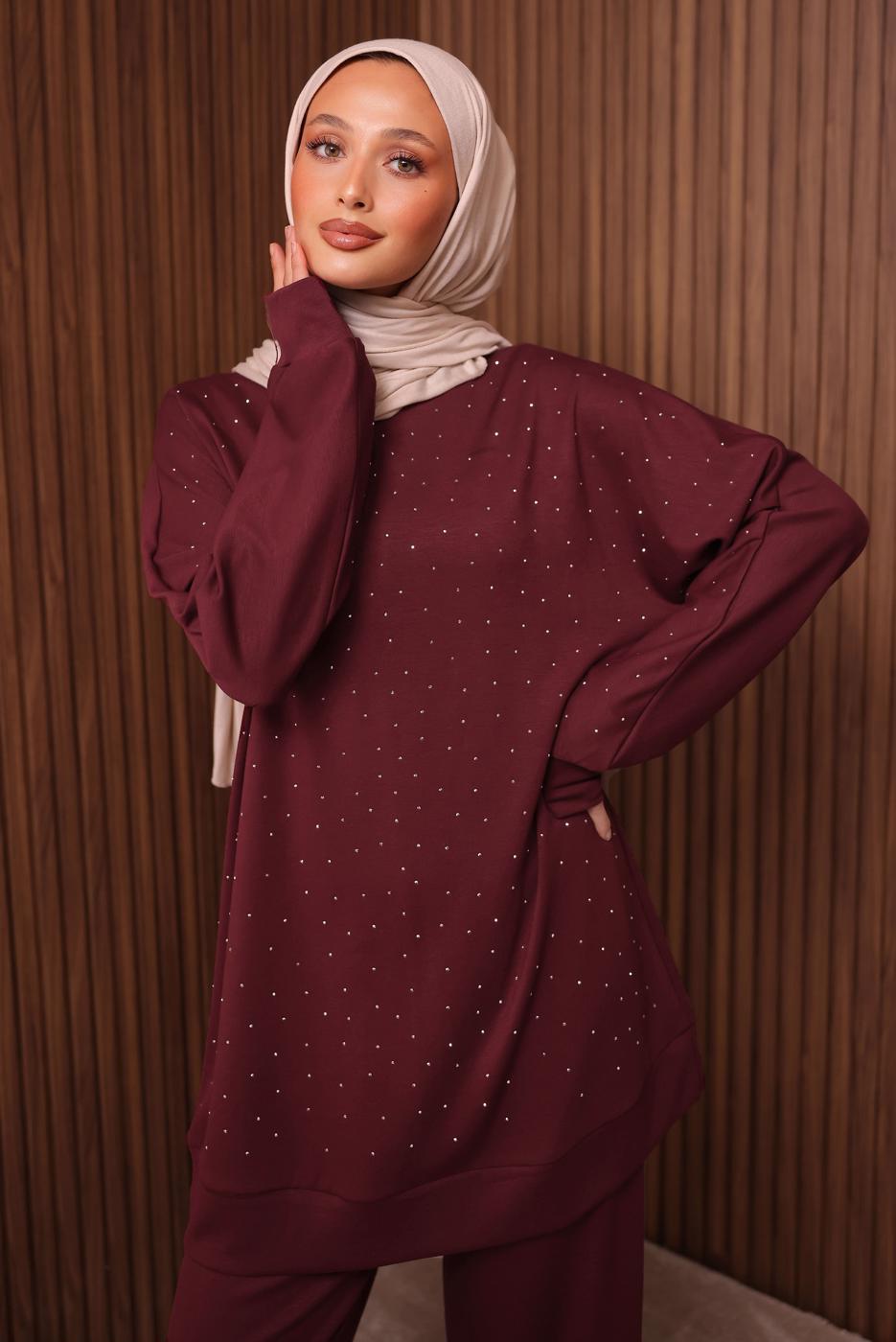 Tesettür giyim BORDO TAŞ BASKILI PANTOLONLU TAKIM T 2535
