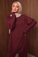 Tesettür giyim BORDO TAŞ BASKILI PANTOLONLU TAKIM T 2535