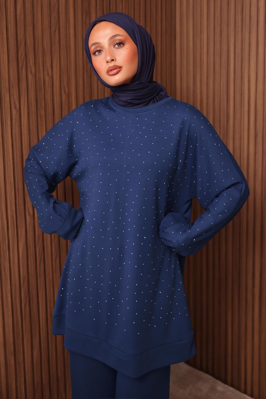 Tesettür giyim LACİVERT TAŞ BASKILI PANTOLONLU TAKIM T 2535
