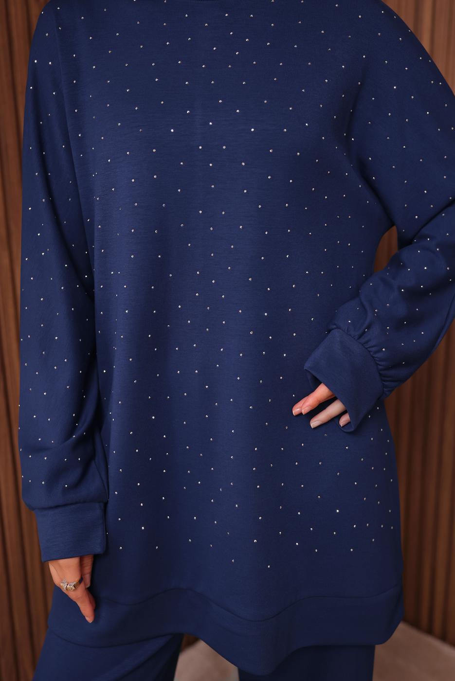 Tesettür giyim LACİVERT TAŞ BASKILI PANTOLONLU TAKIM T 2535