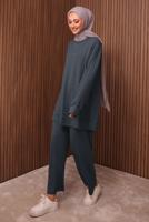 Tesettür giyim GRİ TAŞ BASKILI PANTOLONLU TAKIM T 2535