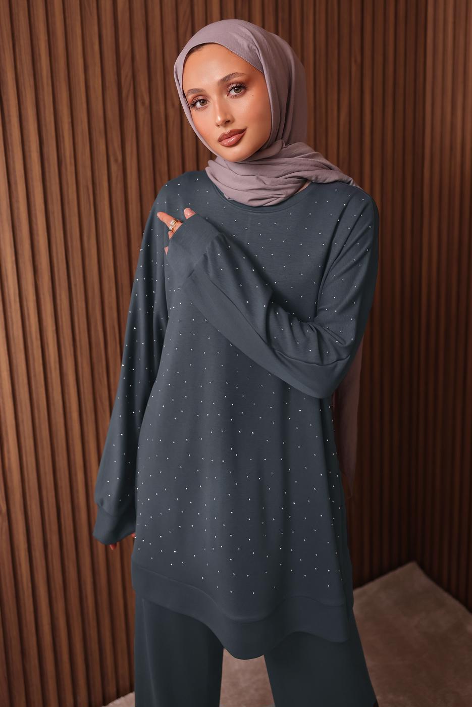 Tesettür giyim GRİ TAŞ BASKILI PANTOLONLU TAKIM T 2535