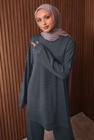 Tesettür giyim GRİ TAŞ BASKILI PANTOLONLU TAKIM T 2535