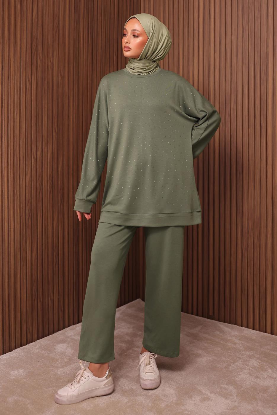 Tesettür giyim YEŞİL TAŞ BASKILI PANTOLONLU TAKIM T 2535