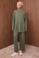 Tesettür giyim YEŞİL TAŞ BASKILI PANTOLONLU TAKIM T 2535