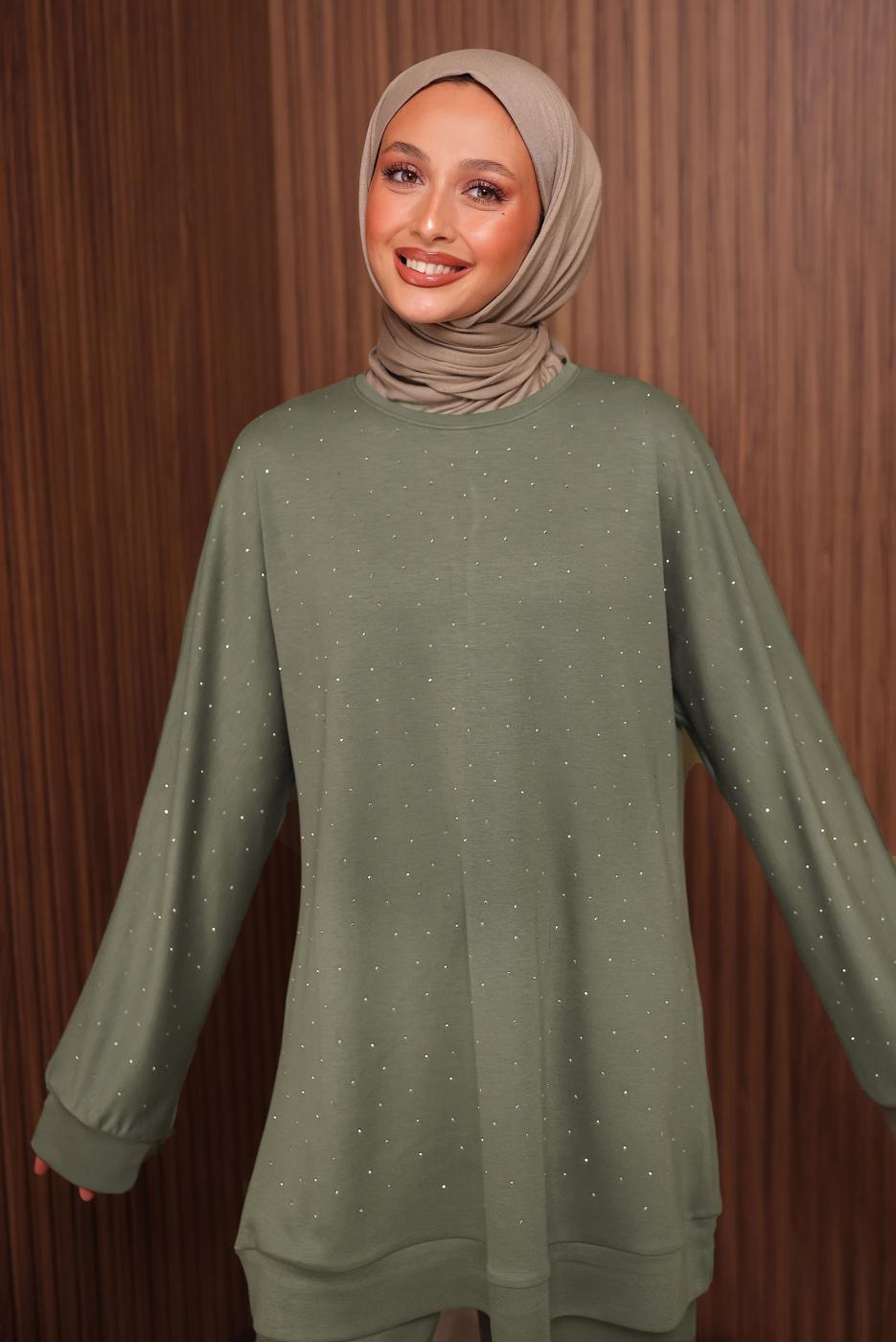 Tesettür giyim YEŞİL TAŞ BASKILI PANTOLONLU TAKIM T 2535