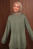 Tesettür giyim YEŞİL TAŞ BASKILI PANTOLONLU TAKIM T 2535