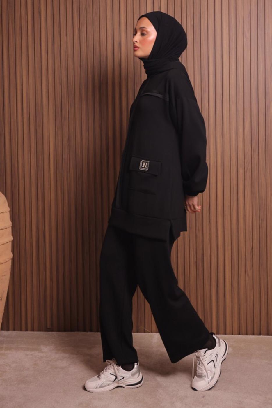 Tesettür giyim SİYAH KAPÜŞONLU PANTOLONLU TAKIM T 3017