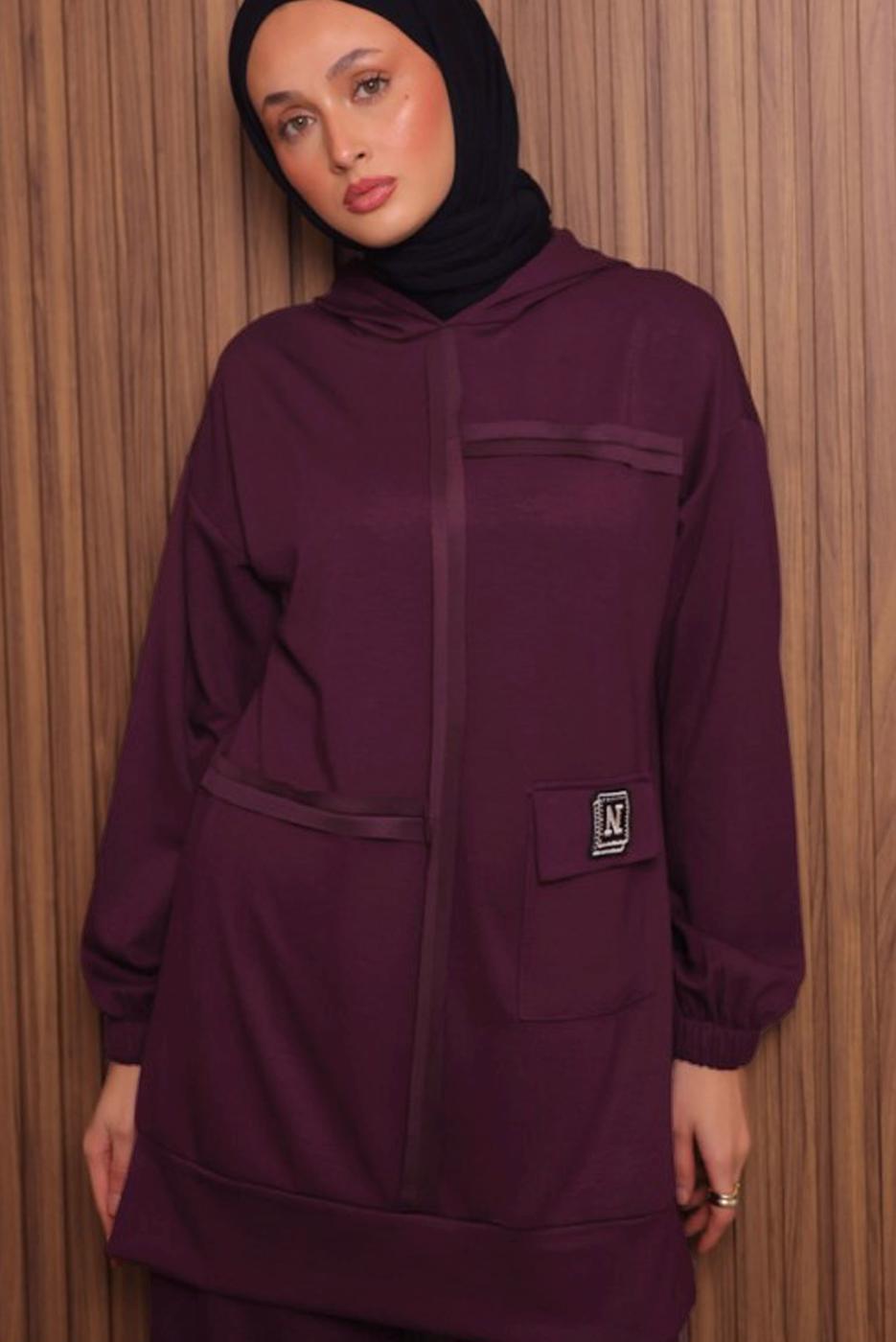 Tesettür giyim BORDO KAPÜŞONLU PANTOLONLU TAKIM T 3017