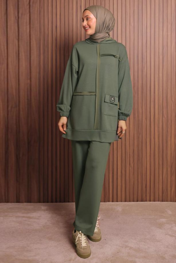 Tesettür giyim HAKİ KAPÜŞONLU PANTOLONLU TAKIM T 3017 - TRENDTESETTÜR