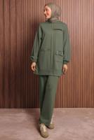 Tesettür giyim HAKİ KAPÜŞONLU PANTOLONLU TAKIM T 3017