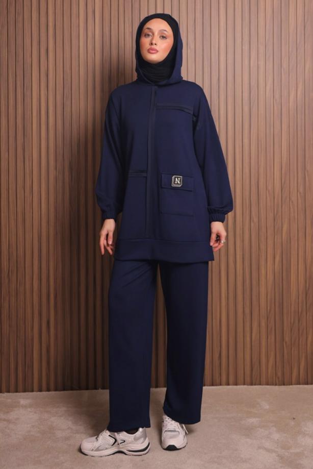 Tesettür giyim LACİVERT KAPÜŞONLU PANTOLONLU TAKIM T 3017 - TRENDTESETTÜR
