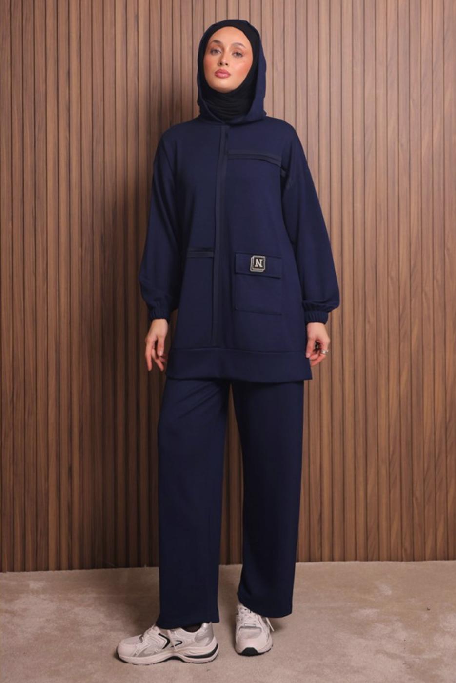 Tesettür giyim LACİVERT KAPÜŞONLU PANTOLONLU TAKIM T 3017