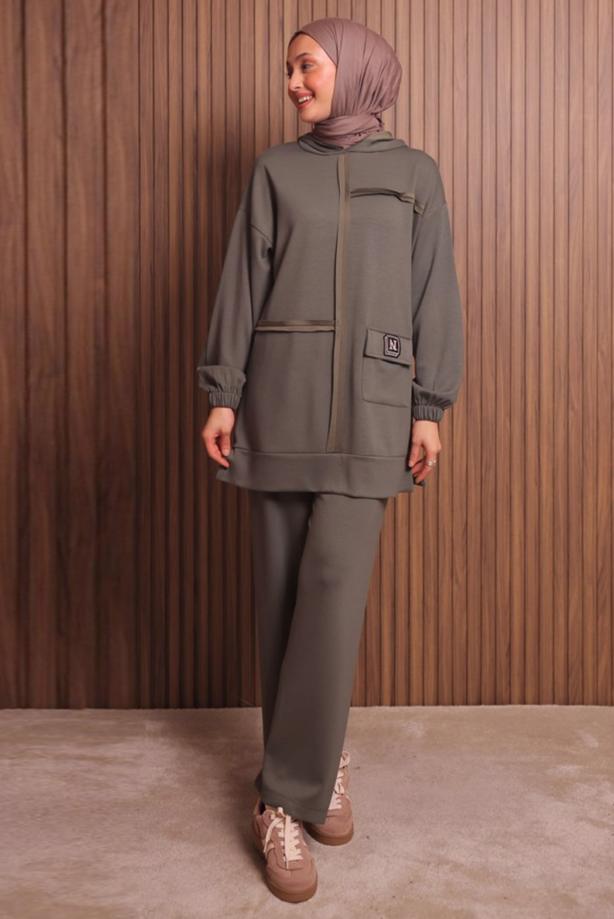 Tesettür giyim KAHVE KAPÜŞONLU PANTOLONLU TAKIM T 3017 - TRENDTESETTÜR