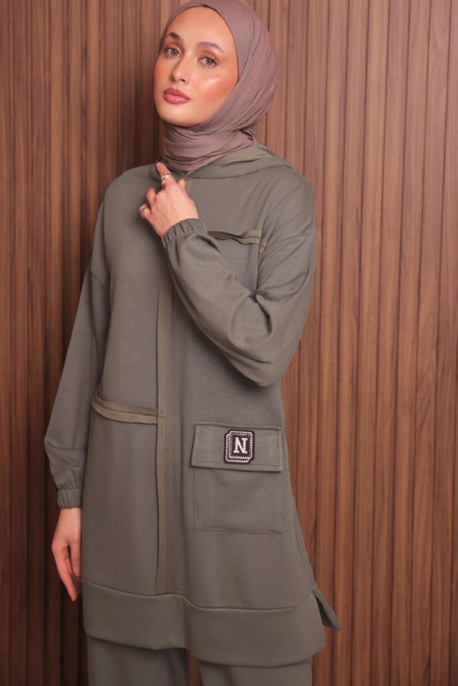 Tesettür giyim KAHVE KAPÜŞONLU PANTOLONLU TAKIM T 3017
